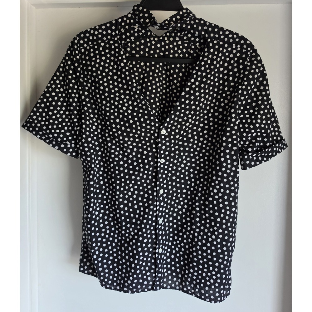 VTG Cacharel Blouse 4 Polka Dot Black White Collared Short Sleeve Classic Top